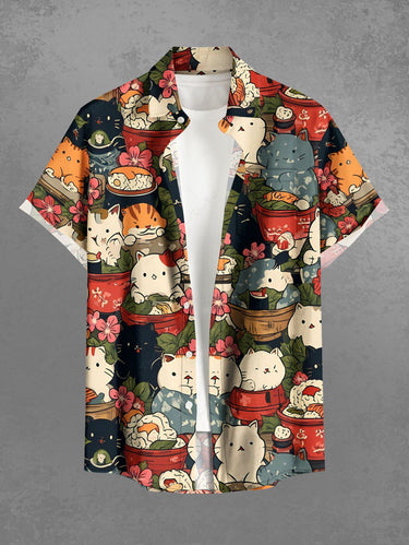 Gothic Plus Size East Asian Style Cute Cat Flower Print Button Pocket Shirt For Men