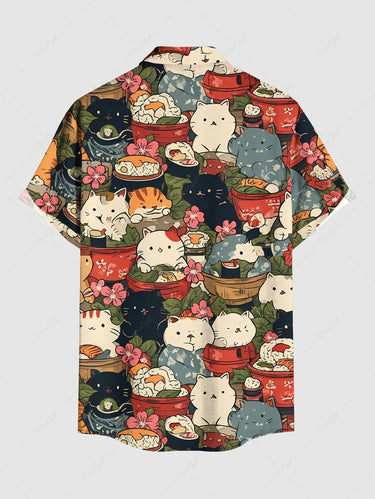 Gothic Plus Size East Asian Style Cute Cat Flower Print Button Pocket Shirt For Men