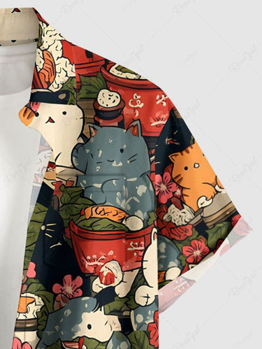 Gothic Plus Size East Asian Style Cute Cat Flower Print Button Pocket Shirt For Men