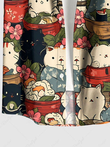 Gothic Plus Size East Asian Style Cute Cat Flower Print Button Pocket Shirt For Men