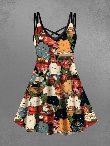 Gothic Plus Size East Asian Style Cute Cat Flower Print Crisscross Strappy A Line Cami Dress