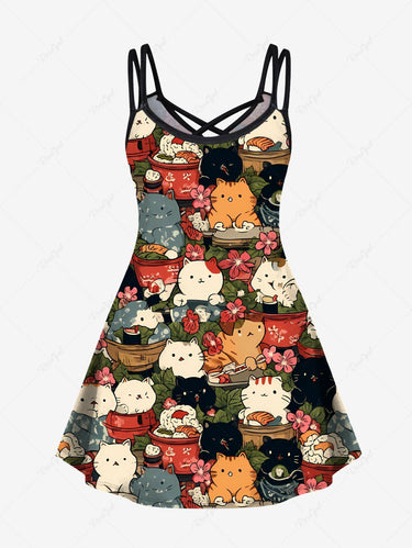 Gothic Plus Size East Asian Style Cute Cat Flower Print Crisscross Strappy A Line Cami Dress