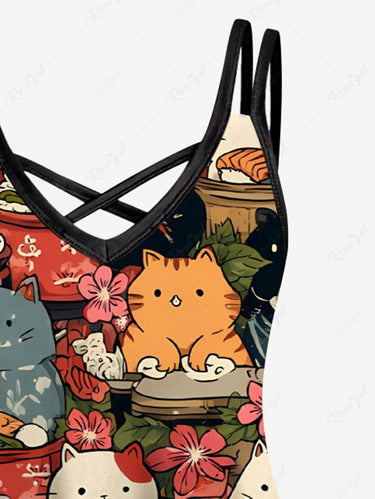 Gothic Plus Size East Asian Style Cute Cat Flower Print Crisscross Strappy A Line Cami Dress
