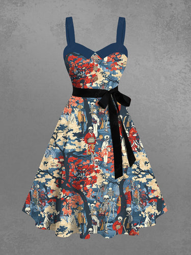 Gothic Plus Size Skeleton Kimono Tree Print Button A Line Dress with Removable Belt