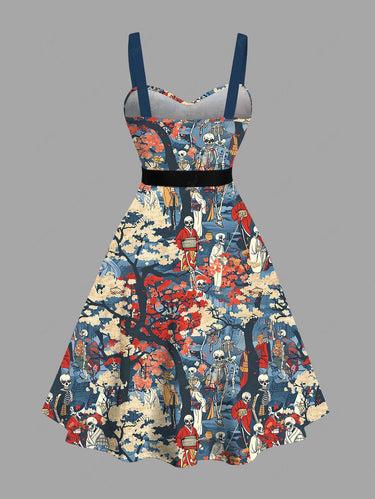 Gothic Plus Size Skeleton Kimono Tree Print Button A Line Dress with Removable Belt
