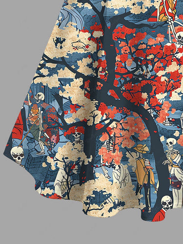 Gothic Plus Size Skeleton Kimono Tree Print Button A Line Dress with Removable Belt
