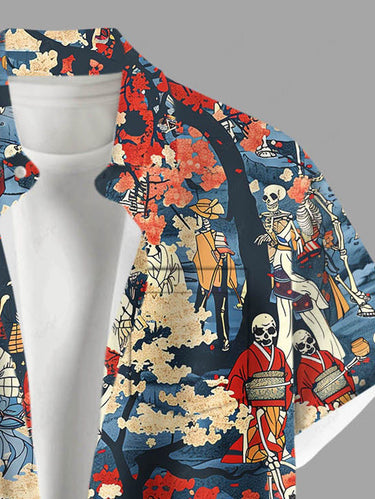 Gothic Plus Size Skeleton Kimono Tree Print Button Pocket Shirt For Men