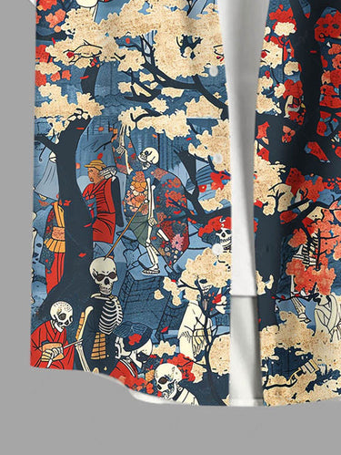 Gothic Plus Size Skeleton Kimono Tree Print Button Pocket Shirt For Men