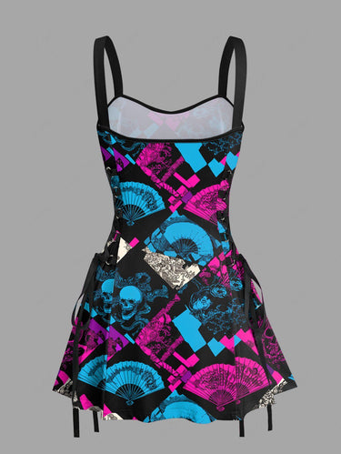 Gothic Skull Flower Fan Geometric Colorblock Print Lace Up A Line Dress