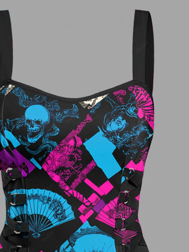 Gothic Skull Flower Fan Geometric Colorblock Print Lace Up A Line Dress