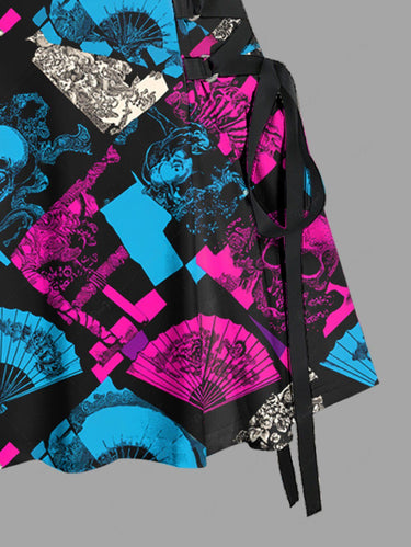 Gothic Skull Flower Fan Geometric Colorblock Print Lace Up A Line Dress