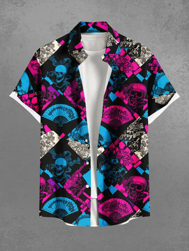 Gothic Plus Size Skull Flower Fan Geometric Colorblock Print Button Pocket Shirt For Men