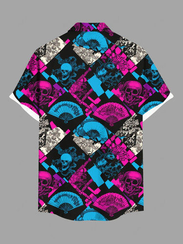 Gothic Plus Size Skull Flower Fan Geometric Colorblock Print Button Pocket Shirt For Men