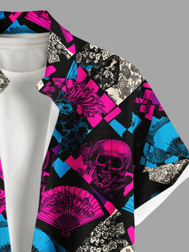 Gothic Plus Size Skull Flower Fan Geometric Colorblock Print Button Pocket Shirt For Men