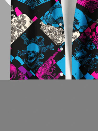 Gothic Plus Size Skull Flower Fan Geometric Colorblock Print Button Pocket Shirt For Men