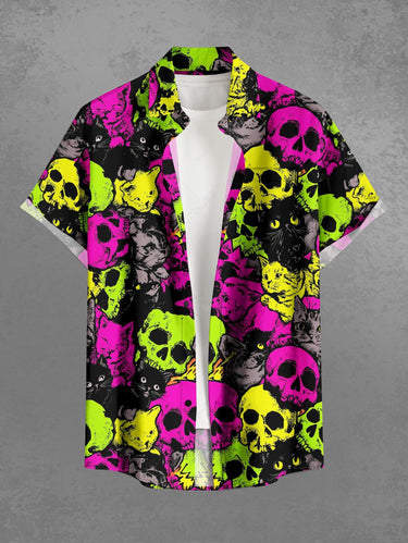 Gothic Plus Size Colorful Skull Cat Print Button Pocket Shirt For Men