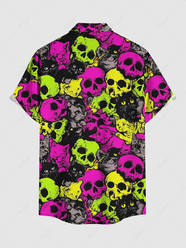 Gothic Plus Size Colorful Skull Cat Print Button Pocket Shirt For Men