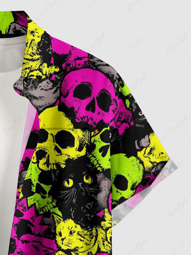 Gothic Plus Size Colorful Skull Cat Print Button Pocket Shirt For Men