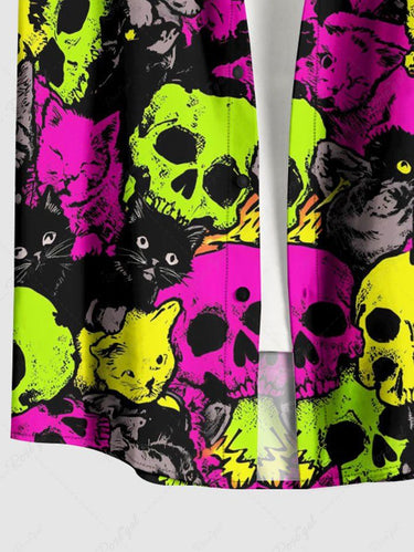 Gothic Plus Size Colorful Skull Cat Print Button Pocket Shirt For Men