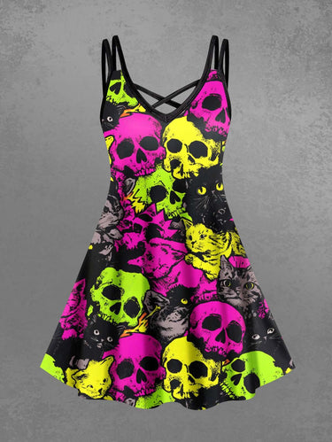 Gothic Plus Size Colorful Skull Cat Print Crisscross Strappy A Line Cami Dress