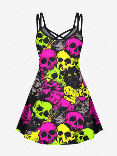 Gothic Plus Size Colorful Skull Cat Print Crisscross Strappy A Line Cami Dress