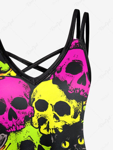 Gothic Plus Size Colorful Skull Cat Print Crisscross Strappy A Line Cami Dress