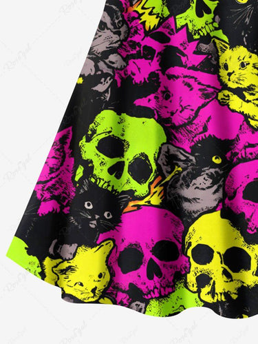 Gothic Plus Size Colorful Skull Cat Print Crisscross Strappy A Line Cami Dress
