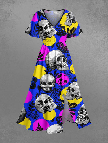 Gothic Plus Size Skull Leaf Branch Print Split Pocket A Line Midi Dress