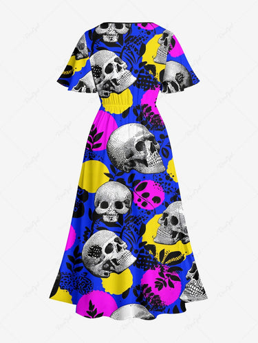 Gothic Plus Size Skull Leaf Branch Print Split Pocket A Line Midi Dress