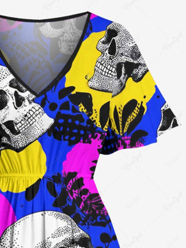 Gothic Plus Size Skull Leaf Branch Print Split Pocket A Line Midi Dress