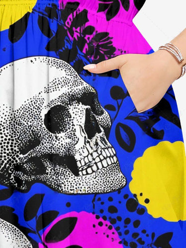 Gothic Plus Size Skull Leaf Branch Print Split Pocket A Line Midi Dress