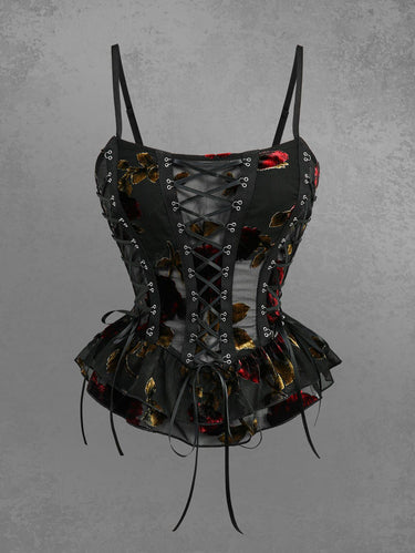 Gothic Flower Flocking Lace Up Peplum Hem Zipper Back Top