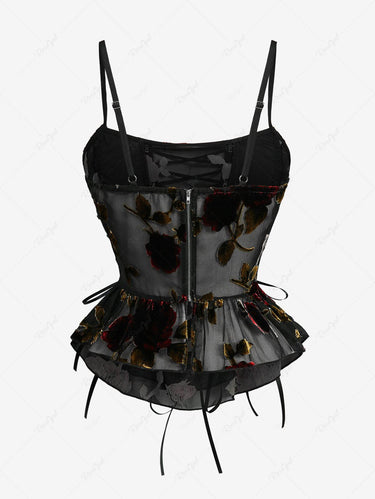 Gothic Flower Flocking Lace Up Peplum Hem Zipper Back Top