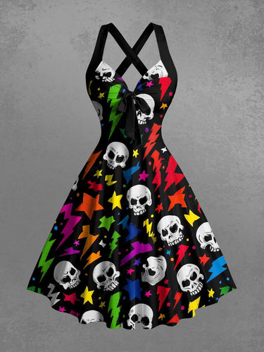 Gothic Skull Colorful Lightning Print Crisscross Strappy Halter A Line Dress