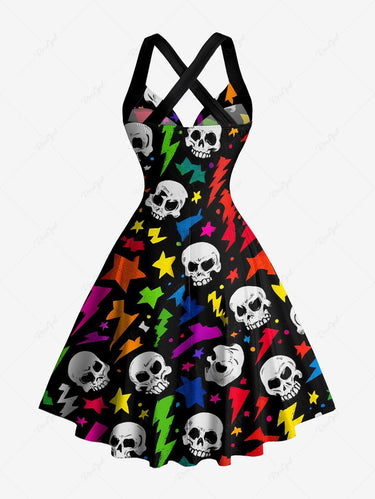 Gothic Skull Colorful Lightning Print Crisscross Strappy Halter A Line Dress