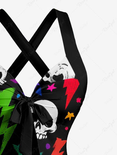 Gothic Skull Colorful Lightning Print Crisscross Strappy Halter A Line Dress