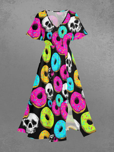 Gothic Plus Size Colorful Skull Doughnut Print Split Pocket A Line Midi Dress