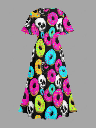 Gothic Plus Size Colorful Skull Doughnut Print Split Pocket A Line Midi Dress