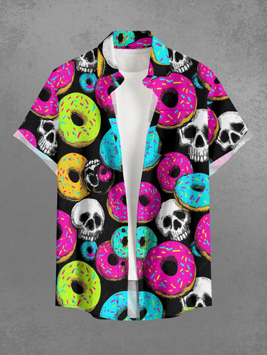 Gothic Plus Size Colorful Skull Doughnut Print Button Pocket Shirt For Men