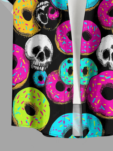 Gothic Plus Size Colorful Skull Doughnut Print Button Pocket Shirt For Men