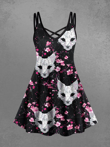 Gothic Plus Size Cat Flower Print Crisscross Strappy A Line Cami Dress