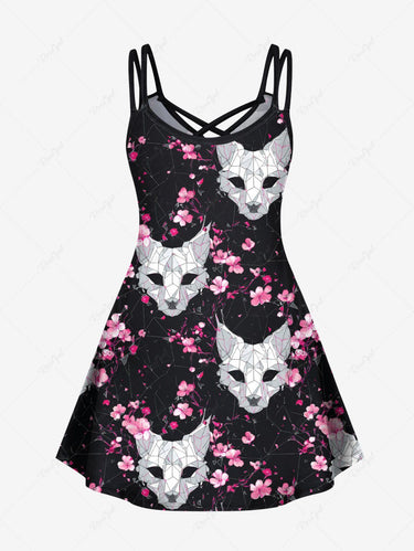 Gothic Plus Size Cat Flower Print Crisscross Strappy A Line Cami Dress