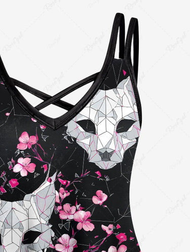 Gothic Plus Size Cat Flower Print Crisscross Strappy A Line Cami Dress