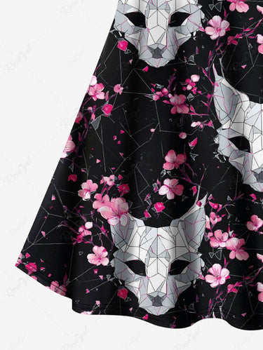 Gothic Plus Size Cat Flower Print Crisscross Strappy A Line Cami Dress