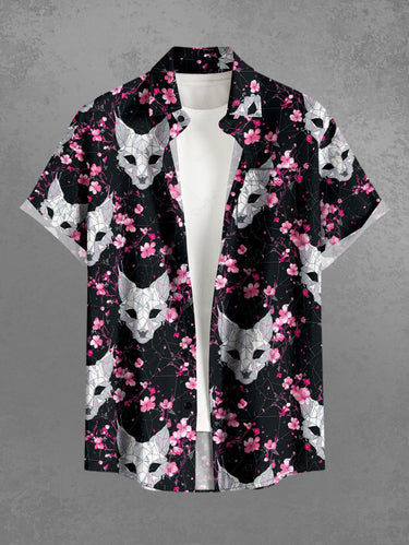 Gothic Plus Size Cat Flower Print Button Pocket Shirt For Men