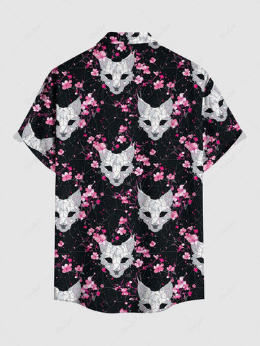 Gothic Plus Size Cat Flower Print Button Pocket Shirt For Men