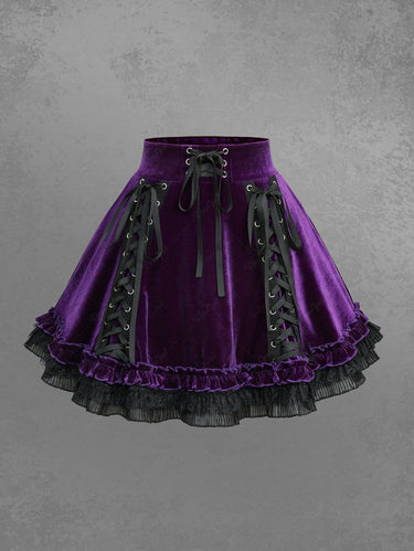 Gothic Lace Up Velvet Lace-trim A Line Women Skirt