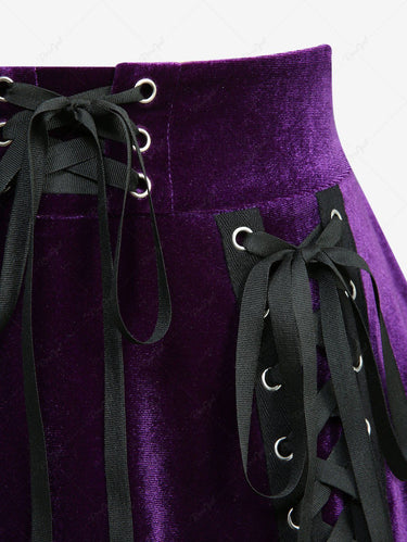 Gothic Lace Up Velvet Lace-trim A Line Women Skirt
