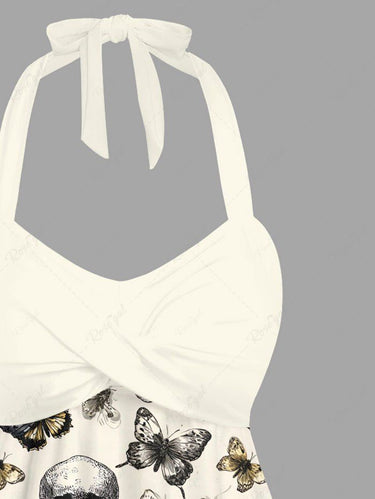 Gothic Skull Butterfly Print Twist Halter Tankini Top