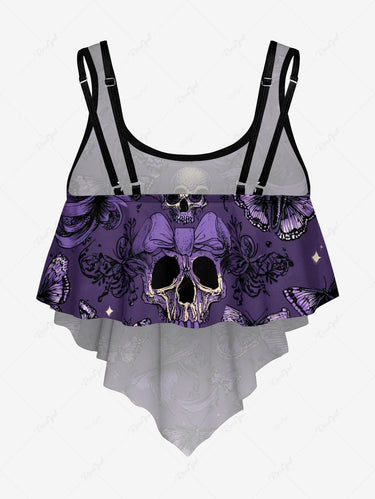 Gothic Skull Butterfly Bowknot Print Peplum Hem Tankini Top